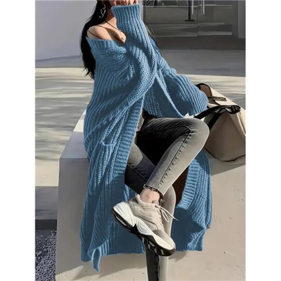 Womens Long Cardigan Sweaters Open Front Oversized Blue - Picture 4 of 5